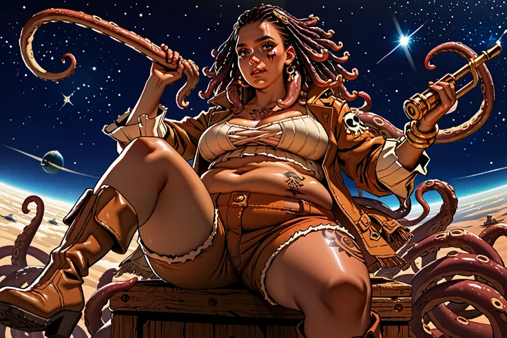 score_9, score_8_up, score_7_up, chubby slim thicc alien female with tentacle-like octopus hair. A space pirate, with blasters in hand, her tentacles are holding blasters too. Wearing lether shorts and high boots. Markings or tattoos all over her body.
...