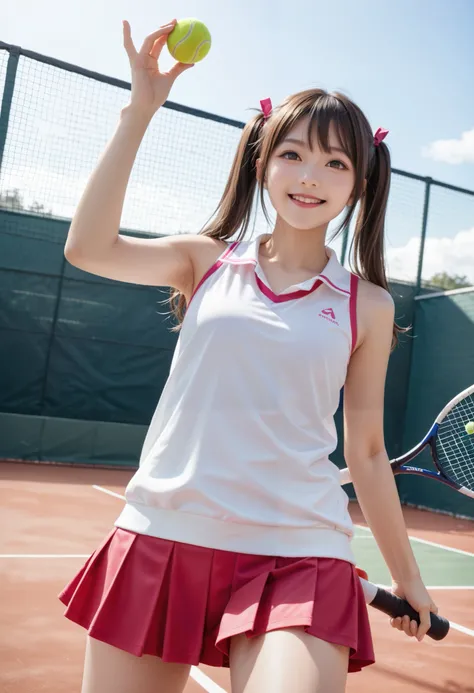An amazingly cute Japanese girl is hitting back a tennis ball with a tennis racket in tennis wear at school club activities 、 (Japanese tennis wear on the school tennis court), (pure white undercoat)、 、 Gravure idol with realistic young face , young slim a...