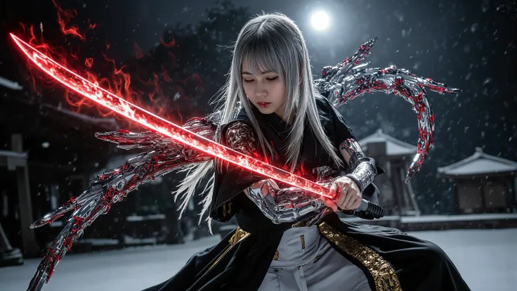 (Grand Prix winning combat movie scene)、(masterpiece)、 moonlight 、 excited 、((Full body illustration 1 .5))、((Figure pulling out a sword ))、 wide full shot 、 photorealistic, 高精細CG, best image quality, 8k, HQ, is extremely fine, (I have a big sword of re...