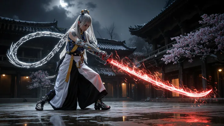 (Grand Prix winning combat movie scene)、(masterpiece)、 moonlight 、 excited 、((Full body illustration 1 .5))、((Figure pulling out a sword ))、 wide full shot 、 photorealistic, 高精細CG, best image quality, 8k, HQ, is extremely fine, (I have a big sword of re...