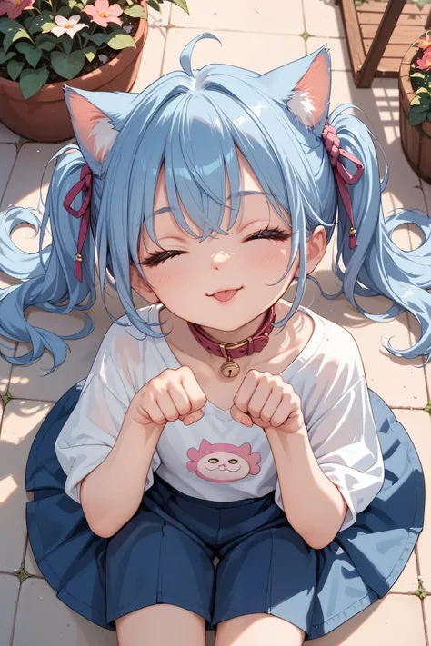 garden,blue hair,pink eye,collar,cat ears,cat tails,petite girl,paw pose,top-down bottom-up,closed eyes,light smile,tongue out,from (((above)))