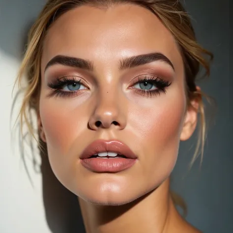 Portrait of a super model with deep blue eyes accented with bold eyeliner and bright shadows, combined with a soft pink lipstick and a moist look, shiny skin