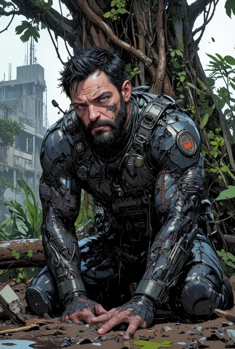 a powerful middle-aged special forces man, in a cool black broken military armor, struck by a mysterious force, pinned to the ground, torture,pose,wet black hair, short black beard, suspicious gestures, looks at the gloomy heavy sky, tired dirty and wet fa...