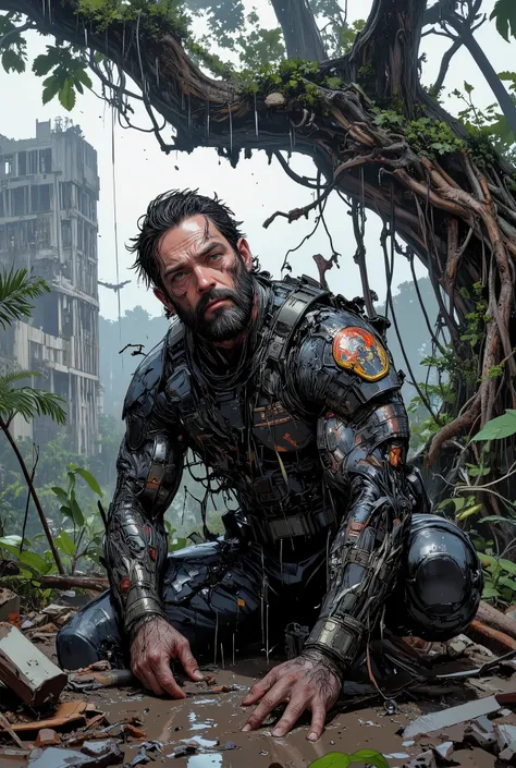 a powerful middle-aged special forces man, in a cool black broken military armor, struck by a mysterious force, pinned to the ground, torture,pose,wet black hair, short black beard, suspicious gestures, looks at the gloomy heavy sky, tired dirty and wet fa...