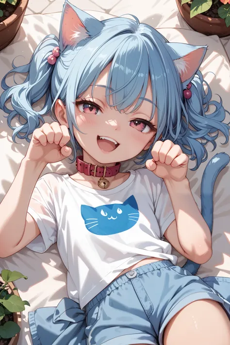 garden,blue hair,pink eye,collar,cat ears,cat tails,petite girl,paw pose,on back,happy,from above,half closed eyes,hug