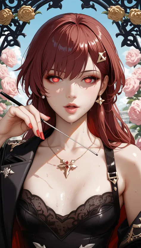 ntr, masterpiece, Adultery, score_9, score_8_up, score_7_up, score_6_superior, source_anime, rating:general, 1 girl, beautiful woman, perfect body, sunburned skin, curvilinear, mature, very small breasts, sweaty, makeup, ( Super Precise Eyes:1.1), Gothic P...