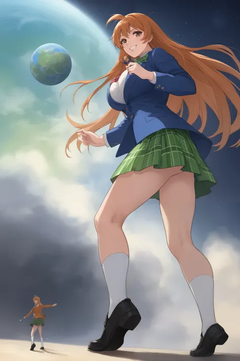 best quality,masterpiece,looking at viewer,absurdres,1girl,score_9,score_8_up,score_7_up,source_anime BREAK natsume aya,orange hair,long hair,brown eyes,ahoge,breasts,white ,skirt,bow,plaid,large breasts,jacket, plaid, green plaid skirt, blue blazer, evil...