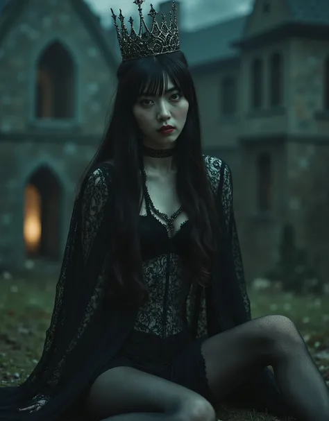 (((Top of the Dark Castle:2.0))),((Night sky with lots of stars twinkling:2.0)),(((Dark horror atmosphere with a gothic feel:2.0))),(((A glamorous shot of a 20-year-old Japanese woman lifting a shiny copper sword with both hands:2.0))),sitting upright ,((S...