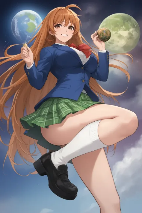 best quality,masterpiece,looking at viewer,absurdres,1girl,score_9,score_8_up,score_7_up,source_anime BREAK natsume aya,orange hair,long hair,brown eyes,ahoge,breasts,white ,skirt,bow,plaid,large breasts,jacket, plaid, green plaid skirt, blue blazer,  evil...