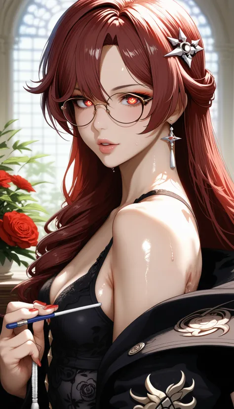 ntr, masterpiece, Adultery, score_9, score_8_up, score_7_up, score_6_superior, source_anime, rating:general, 1 girl, beautiful woman, perfect body, sunburned skin, curvilinear, mature, very small breasts, sweaty, makeup, ( Super Precise Eyes:1.1), Gothic P...