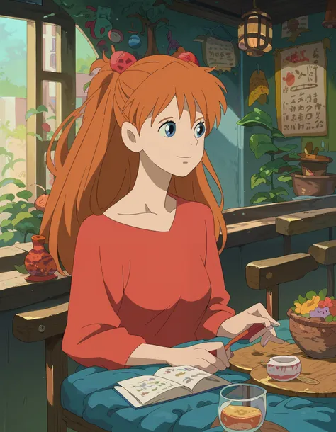 Ghibli _Gaya, skor_9, skor_8_atas, dada , manusia, Asuka Langley, single female, 1 gadis , female, is watching you, medium breasts, Confidence , gaun kuning, inside the restaurant , smiling