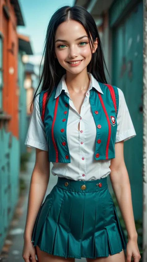 1woman, youthful face, black hair, straight bob, green eyes, smug expression, button-up blouse, pleated skirt, small waist, short height, wide hips, school background, fully clothed, masterpiece, absurdres, ultra-detailed
