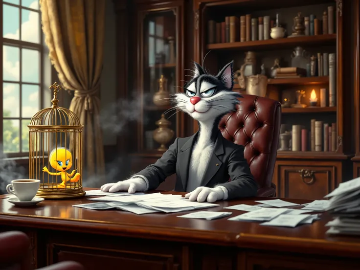 Sylvester the Cat, the iconic cartoon feline, works in a modern office. He's dressed in a smart business suit, sitting at a sleek wooden desk piled high with papers, a laptop, and a steaming cup of coffee. On the desk is a golden cage containing Tweety, th...