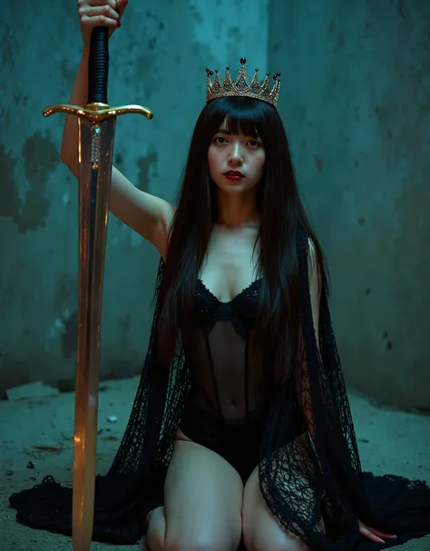 (((Top of the Dark Castle:2.0))),((Night sky with lots of stars twinkling:2.0)),(((Dark horror atmosphere with a gothic feel:2.0))),(((A glamorous shot of a 20-year-old Japanese woman lifting a shiny copper sword with both hands:2.0))),sitting upright ,((S...