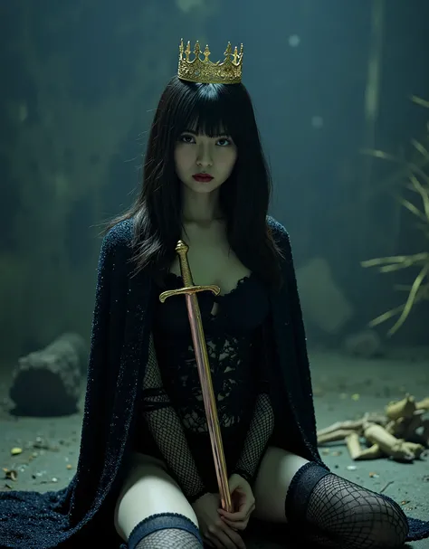 (((Top of the Dark Castle:2.0))),((Night sky with lots of stars twinkling:2.0)),(((Dark horror atmosphere with a gothic feel:2.0))),(((A glamorous shot of a 20-year-old Japanese woman lifting a shiny copper sword with both hands:2.0))),sitting upright ,((S...