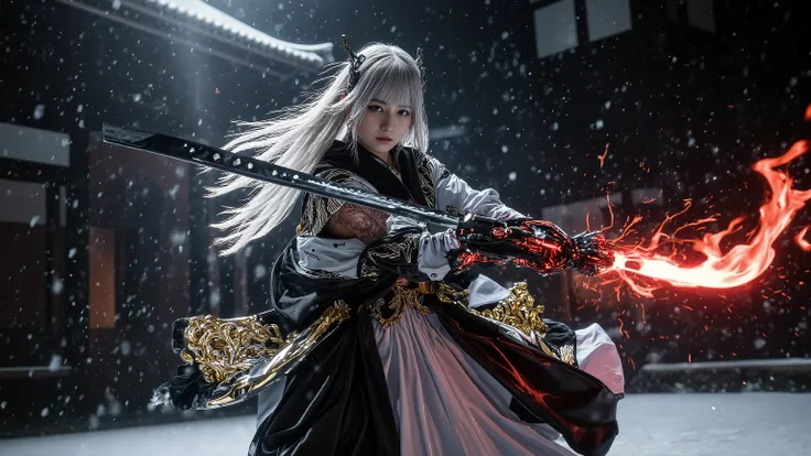(Grand Prix winning combat movie scene)、(masterpiece)、 moonlight 、 excited 、((Full body illustration 1 .5))、((Figure pulling out a sword ))、 wide full shot 、 photorealistic, 高精細CG, best image quality, 8k, HQ, is extremely fine, (I have a big sword of re...