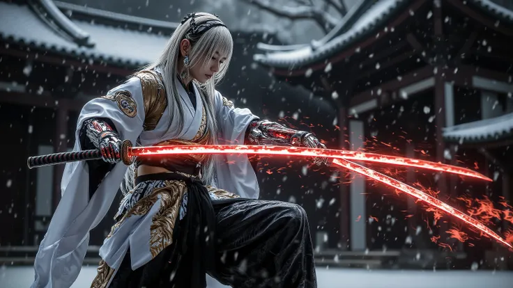 (Grand Prix winning combat movie scene)、(masterpiece)、 moonlight 、 excited 、((Full body illustration 1 .5))、((Figure pulling out a sword ))、 wide full shot 、 photorealistic, 高精細CG, best image quality, 8k, HQ, is extremely fine, (I have a big sword of re...
