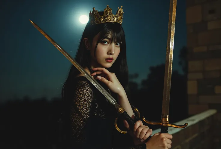 (((Top of the Dark Castle:2.0))),((Night sky with lots of stars twinkling:2.0)),(((Dark horror atmosphere with a gothic feel:2.0))),(((A glamorous shot of a 20-year-old Japanese woman lifting a shiny copper sword with both hands:2.0))),sitting upright ,((S...
