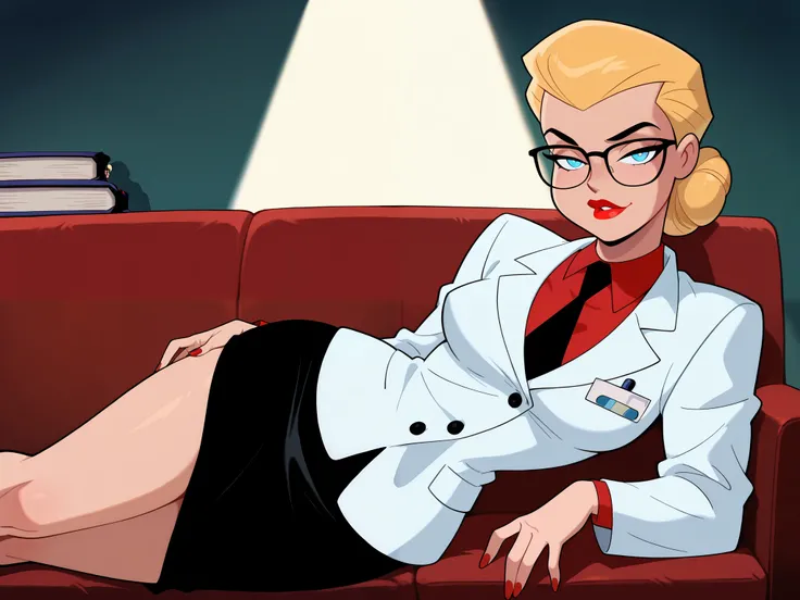 masterpiece, best quality, amazing quality, very aesthetic, newest,1girl,h4rl3yqu1nn,red shirt, black skirt, black necktie, glasses, red lips, blonde hair, hair bun, white jacket, blue eyes, large breasts, looking at viewer, reclining, sofa, doctor's offic...