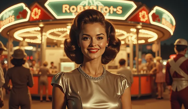 A retro-futuristic woman in a metallic silver dress stands in front of a glowing carnival booth at night. She smiles brightly, surrounded by colorful vintage signs advertising robotic foods. Her voluminous hair and classic makeup radiate 1950s charm, while...