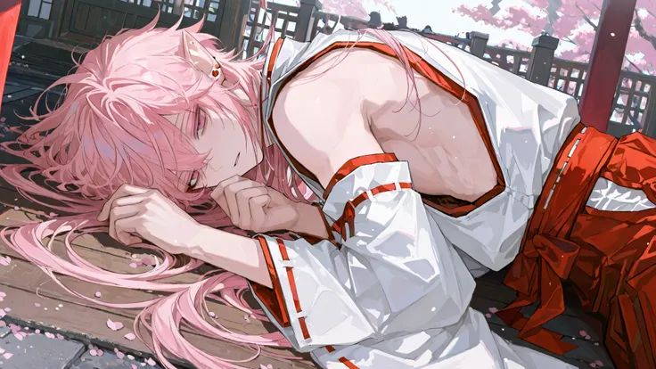 1male,handsome,top quality,high quality,masterpiece,beautiful young man, lean, 6 foot tall, miko, side boob, vampire, detailed face, Gothic, Lolita fashion, simple background, long hair, multi colored hair, shrine maiden, pointy ears, visual kei style, pin...