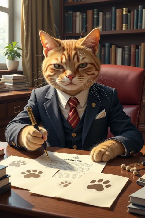 There is a cat in a suit, this is a society of cats without humans, sitting at a desk and signing paw pads on documents, stamping paw pads on documents
