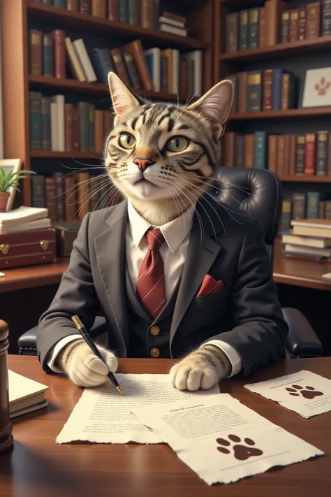 There is a cat in a suit, this is a society of cats without humans, sitting at a desk and signing paw pads on documents, stamping paw pads on documents