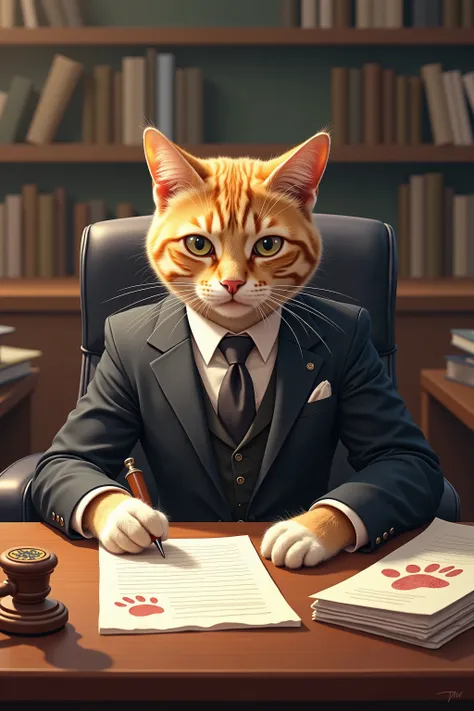 There is a cat in a suit, this is a society of cats without humans, sitting at a desk and signing paw pads on documents, stamping paw pads on documents