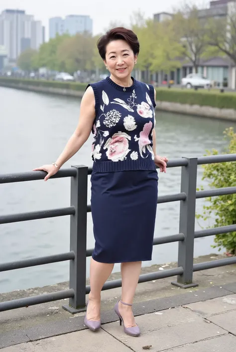 丰满The background of the 46-year-old 东北阿姨在初春的江边。Leaning on a riverside railing, the surface of the river ,House in the distance,Building, Living Area ,Shops,passing vehicles,pedestrian。full body portrait,high heels,Stockings,Step on the tip,Organic Photogra...