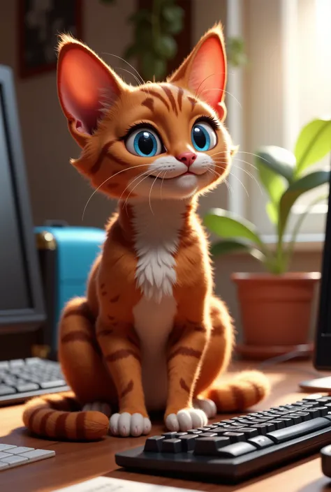 office cat, detailed realistic 3d render, sitting on desk, feline features, orange tabby, pointy ears, curious expression, paws on keyboard, computer monitor, office supplies, potted plant, warm lighting, photorealistic, 4K, hyper detailed, professional, c...