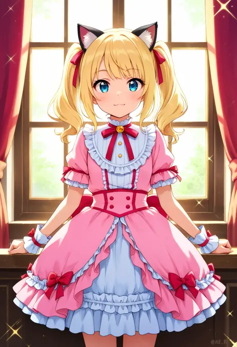 anime, (sparkle), super detail, (masterpiece), high quality, ((high details)), twintails, blonde, Pretty Girl, A frilly dress, a flared skirt, A big ribbon on the chest, Standing by the window, indoors, cat ears