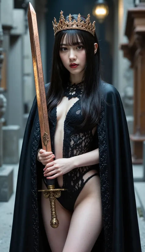 (((The summit of the Dark Mountain at midnight:2.0))),((star々The night sky shines beautifully:2.0)),(((Dark horror atmosphere with a gothic feel:2.0))),(((holds up a shiny copper sword:2.0))), standing,((GROUND VIEW:2.0)),One female ghost,((super cute face...