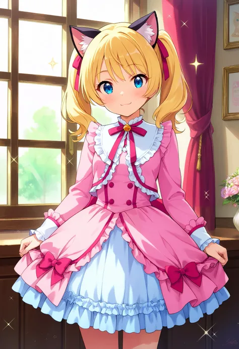 anime, (sparkle), super detail, (masterpiece), high quality, ((high details)), twintails, blonde, Pretty Girl, A frilly dress, a flared skirt, A big ribbon on the chest, Standing by the window, indoors, cat ears