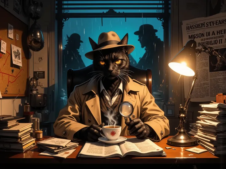  (Dynamic body language:1.3), (Background details:1.2), (motion blur:1.2) A mysterious black cat wearing a tan trench coat and a fedora sits behind a detective’s desk, one paw gripping a steaming cup of coffee while the other holds a magnifying glass. A si...