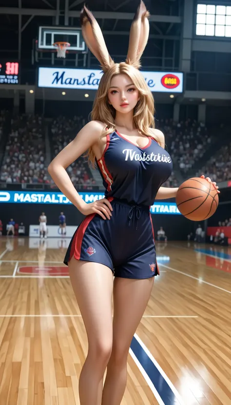 ((((  masterpiece)))), ((((  top quality)))),   high definition,fine grain,  Detailed Faces,   非常にDetailed Facesの描写,  detailed eyes 、Detailed Faces、 detail hair  、  sparkling skin  、sweat、viera, BASKETBALL PLAYER,  [uniform, ,   Action,   Big swollen breas...