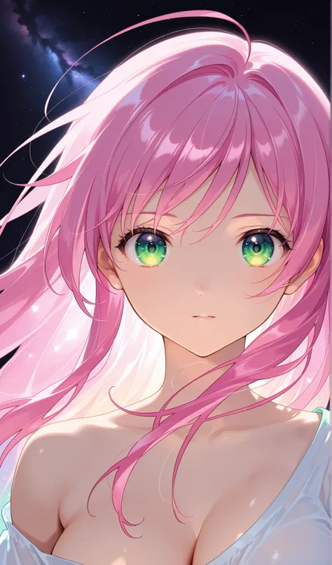 (( 1 girl)), normal moka akashiya, long hair, green eyes, pink hair, ahoge, large breasts,Toyoaki Yoshi 、Black background,colorful, loose clothes,face close up, "Intricate Iris Details", "Captivating Eye Reflections",Beautiful eyes, vibrant, Shining Contou...