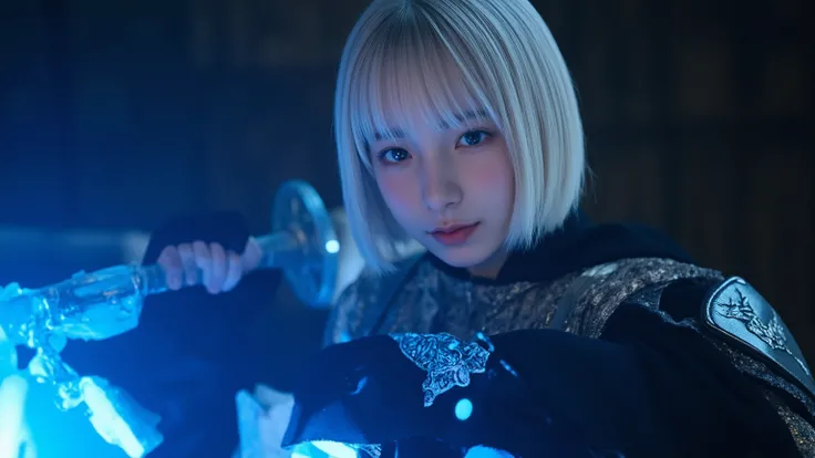 inspired by a photography style similar to Helle A blue glowing aura featuring a young, white-haired female warrior . It is necessary to shoot at。she wields a Lovecraft sword infused with cosmic energy , enhances the dramatic effect、facing overwhelming ...
