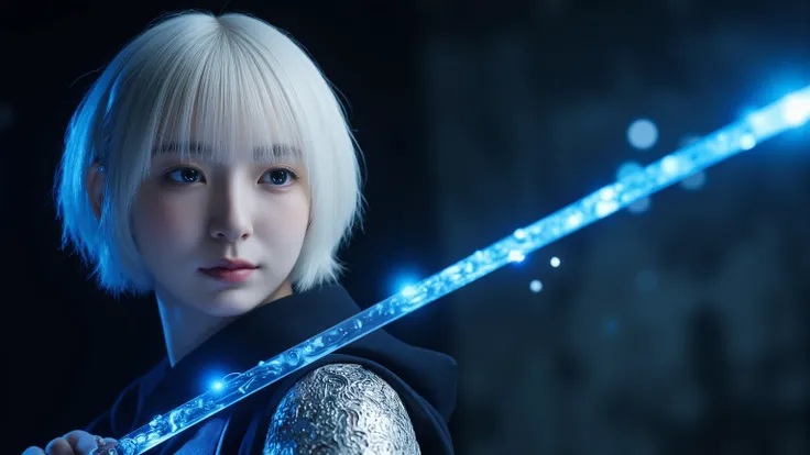 inspired by a photography style similar to Helle A blue glowing aura featuring a young, white-haired female warrior . It is necessary to shoot at。she wields a Lovecraft sword infused with cosmic energy , enhances the dramatic effect、facing overwhelming ...