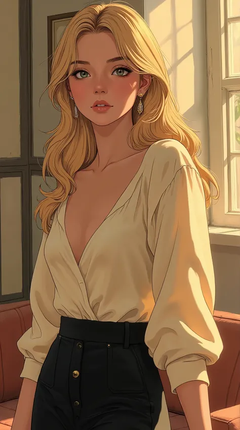 illustration of A stunningly beautiful girl, sexually suggestive illustration, The subject stands gracefully, her posture relaxed yet poised, as though she is at ease in this moment of quiet reflection. Her wavy blonde hair falling loosely behind her back....