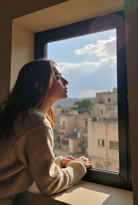 Photo from indoor. extreme low angle view of a window in a house in Sassi di Matera. A woman (50% russian, 50% nigerian) looking out the window. Elbows on the windowsill, view from behind, long dark brown hair, a beige cotton sweater, she wears jeans. She ...