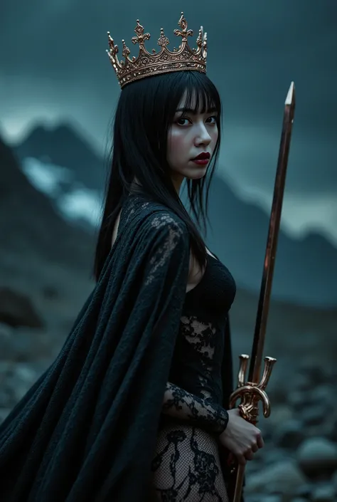 (((The summit of the Dark Mountain at midnight:2.0))),((star々The night sky shines beautifully:2.0)),(((Dark horror atmosphere with a gothic feel:2.0))),(((A long embroidered cloak with the front open on top of a high-leg leotard with the tip of a large, sh...