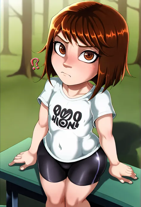 shadcom, shadman, shadbase artstyle, score_9, score_7_up, 1girl, solo, white T-shirt, black bike shorts, green forest background, presenting, curvy, cute girl, little, young girl, short girl, jailbait, age 13, minor, solo, medium brown hair, brown eyes, mi...