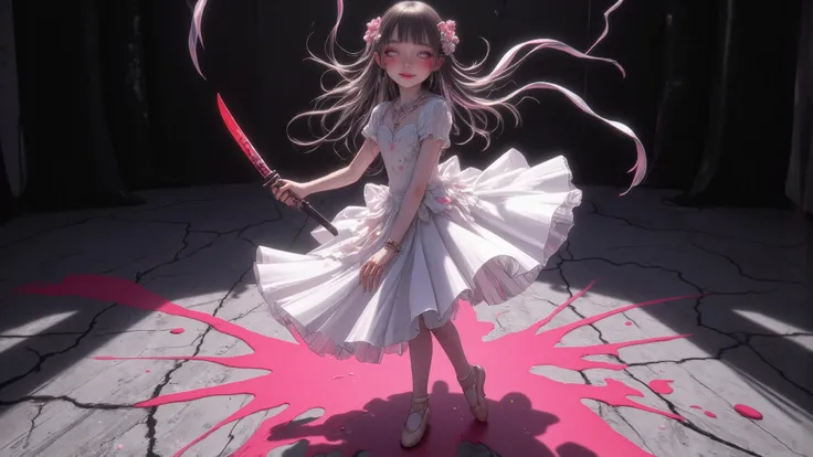 A hauntingly adorable ballerina twirls gracefully, clutching a blood-stained knife, her white tutu elegantly flaring mid-spin. Her delicate dress, once pristine, is now smudged with streaks of vibrant pink and magenta blood, creating an unsettling yet mesm...