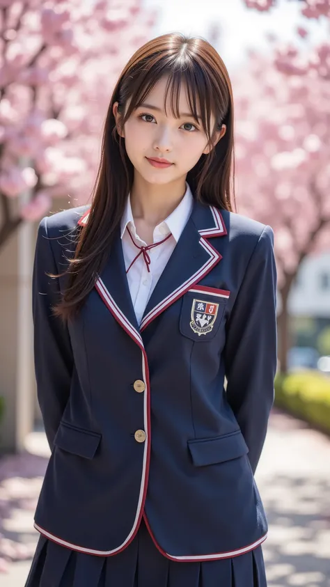 nsfw, Korean idol, Nogizaka Idol,Actress, gravure idol, Graduation Ceremony、 high school girl、uniform 、 navy blue blazer 、 cherry blossoms in full bloom、Cherry Blossom Confetti 、 Term ratio、 cute、(( 18 year old woman:1.2))、Young cute Japanese face , O...