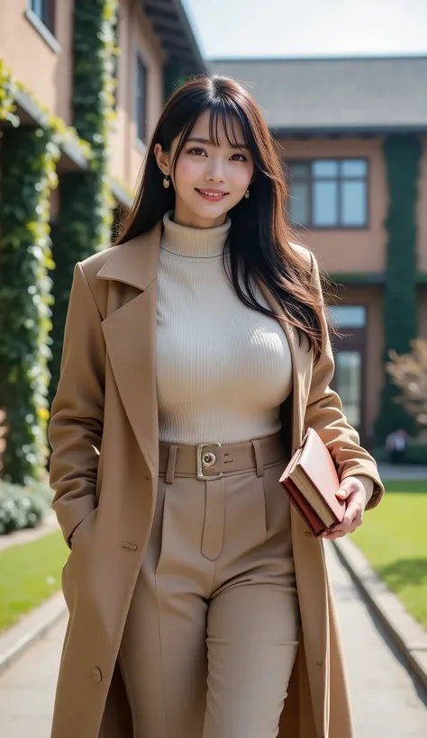 A sophisticated Japanese woman with a curvy figure and large bust, wearing a long wool coat, a turtleneck sweater, and tailored trousers, walking through a prestigious university campus with ivy-covered buildings, holding a leather-bound notebook, intellig...