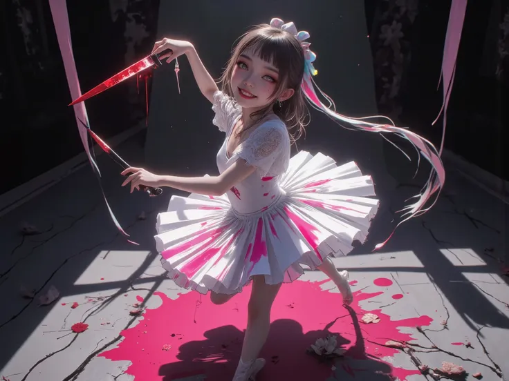A hauntingly adorable ballerina twirls gracefully, clutching a blood-stained knife, her white tutu elegantly flaring mid-spin. Her delicate dress, once pristine, is now smudged with streaks of vibrant pink and magenta blood, creating an unsettling yet mesm...