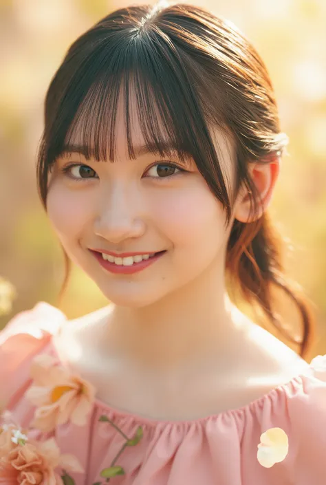 High quality, exquisite and realistic 4K 8K dreamy girl,delicate facial features,Calm look, elegant posture ,Warm smile,exquisite clothing,gentle light,Warm colors,Detailed realistic oil painting texture,Exquisite country landscape background,Petals flying...