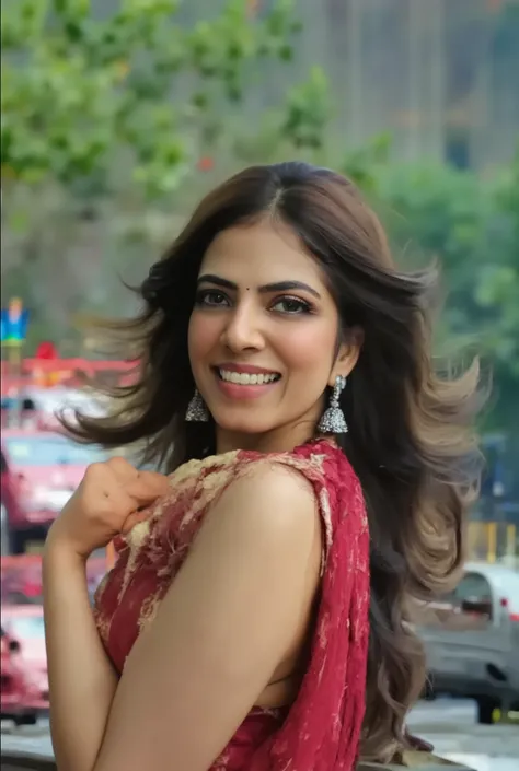 A hot sexy woman. She is wearing a terracotta colour bra and red peticott. She is looking at the viewer. Sexy  and navel. Long body. Her toes are visible. A waterfall background.looking at the viewer and smiling.