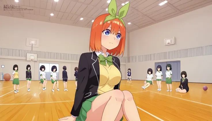 1girl, y0tsuba, large breasts, orange hair, blue eyes, short hair, hair between eyes green bow hairband, black blazer, open blazer, yellow sweater vest, white collared shirt, bowtie, plaid bowtie, green skirt, pleated skirt,y0tsuba, orange hair, blue eyes,...