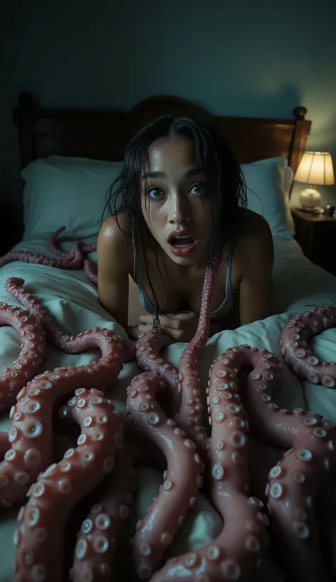 A terrified, realistic young woman lies frozen on a bed in a dark, claustrophobic bedroom. Her wide, tear-filled eyes stare up in pure panic, mouth slightly open as if caught in a silent scream. She wears a tank top and shorts, her body trembling, limbs te...